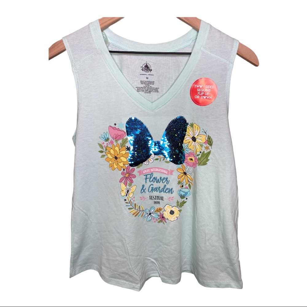 Disney Parks Flip Sequence sequined Minnie Mouse Bow Flower & Garden New Tank